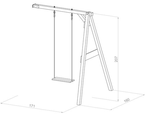 Illustration einer Holzschaukel mit Maßangaben