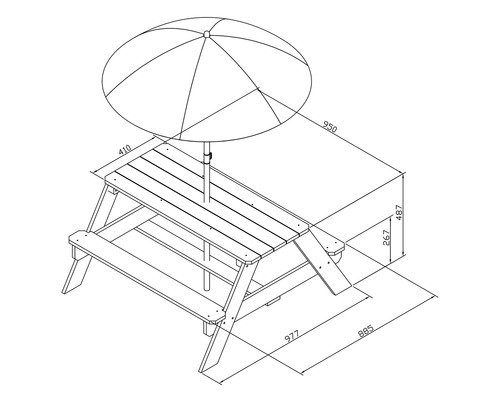 Technische Zeichnung eines Kindersitzgarnitur mit Sonnenschirm und Maßangaben