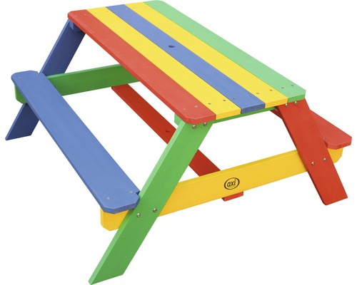 Kindersitzgruppe aus Holz mit farbiger Tischplatte und Bänken