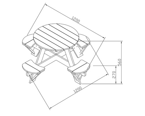 Technische Zeichnung eines runden Picknicktisches mit Abmessungen