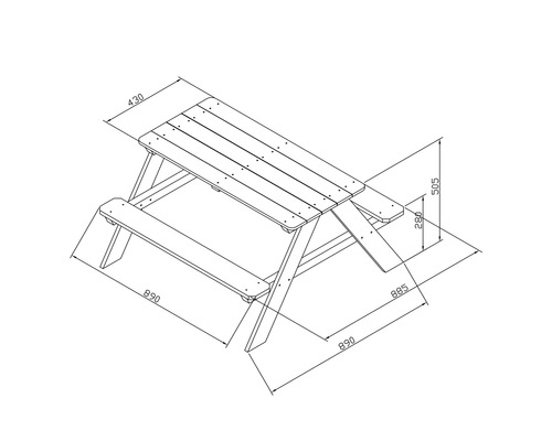 Technische Zeichnung eines Picknicktisches mit Maßangaben