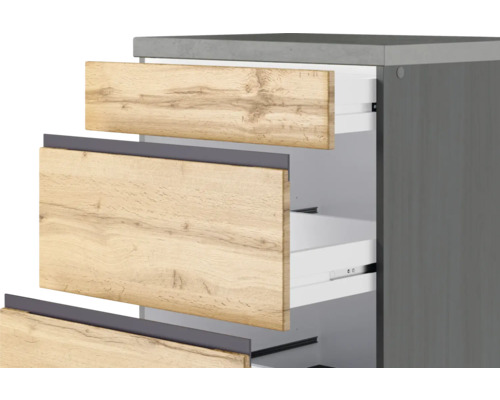 Waschbeckenunterschrank mit offenen Schubladen in Holzoptik