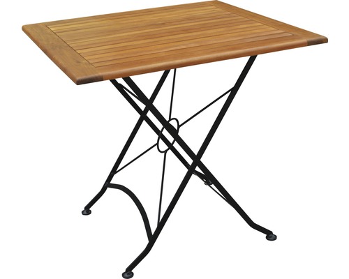 Quadratischer Gartentisch aus Holz mit Metallgestell
