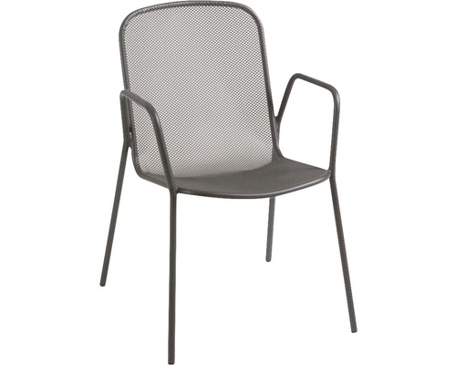 Metallstuhl mit Armlehne und Netzstruktur