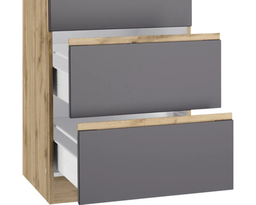 Schrank mit drei Schubladen in Holzoptik und Grau
