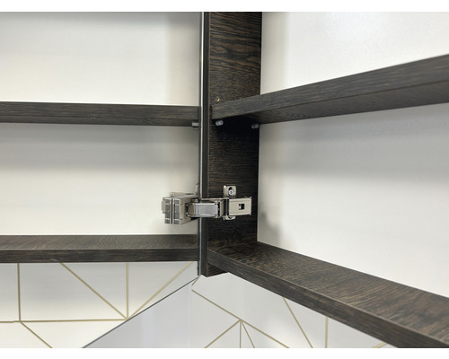 Innenansicht eines Schranks mit Einlegeböden und Scharnieren