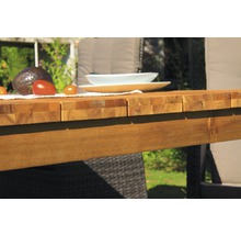 Detailansicht eines Gartentisches mit Holztischplatte, Geschirr und Gemüse