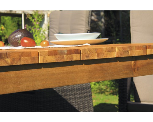 Detailansicht eines Gartentisches mit Holztischplatte, Geschirr und Gemüse