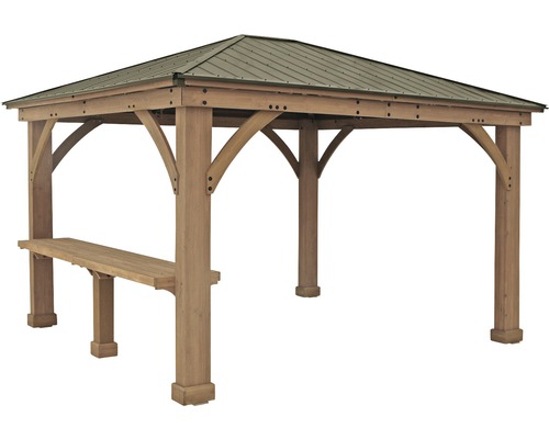 Holzpavillon mit Metalldach und Sitzgelegenheit