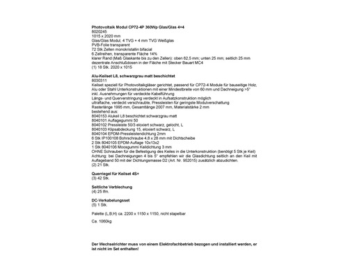 Informationen zu Photovoltaikmodul, Keilset, Verblechung und Verkabelungsset