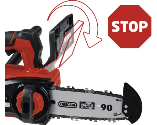 Illustration einer Kettensäge mit Sicherheitsvorkehrungen und Stoppschild.