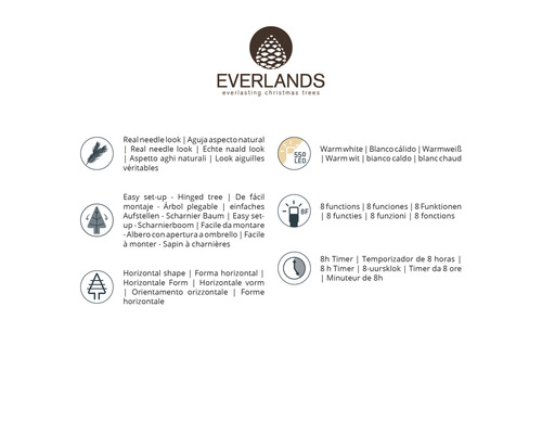 Everlands Logo mit Produktmerkmalen für Weihnachtsbäume