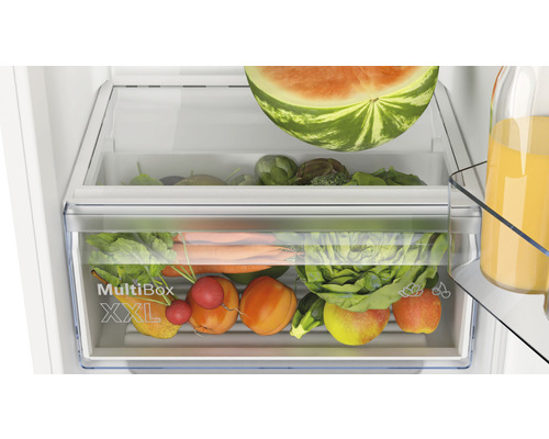 Innenansicht eines Kühlschranks mit MultiBox XXL gefüllt mit Obst und Gemüse