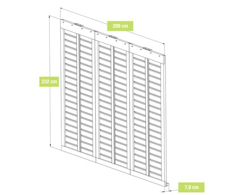 Abbildung einer Lamellenwand mit den Maßen 298 cm Breite, 232 cm Höhe und 7,8 cm Tiefe.