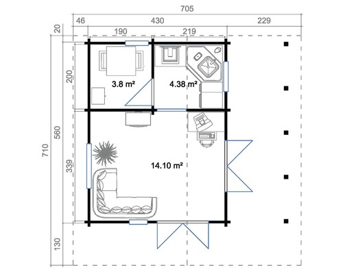 Grundriss eines Gartenhauses mit den Maßen 705 x 710 cm und verschiedenen Raumberechnungen