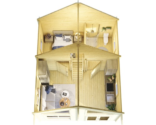 Innenansicht eines Holzhauses mit Schlafzimmer, Bad, Wohnzimmer und Küche.