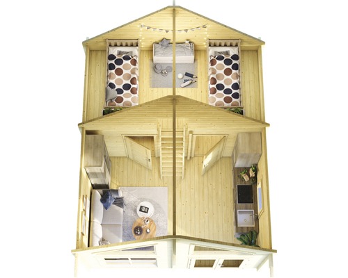 Innenansicht eines zweistöckigen Holzhauses mit Schlafzimmern, Wohnzimmer und Küchenbereich