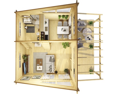 Grundriss eines zweistöckigen Holzhauses mit Wohnzimmer, Bad, Küche, Essbereich und Balkon