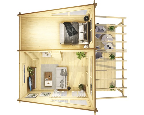 Zweigeschoßiges Holzhaus mit Schlafzimmer, Wohnzimmer und Dachterrasse von oben