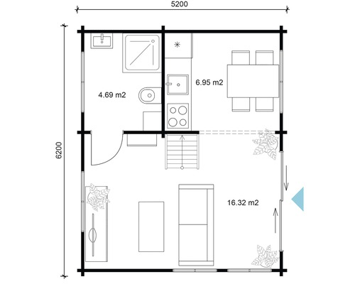 Grundriss eines Blockhauses mit Bad, Küche, Essbereich und Wohnzimmer.
