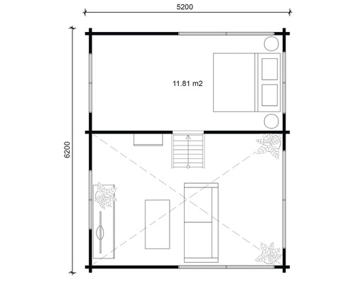 Grundriss eines Gartenhauses mit Möbeln und Größenangaben