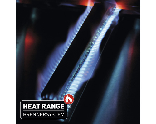 Nahaufnahme eines Grills mit brennenden Gasbrennern und Heat Range Brennersystem Logo.