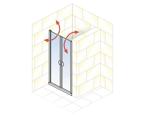 Illustration einer Duschkabine mit Falttüren und roten Pfeilen, die Drehbereiche anzeigen