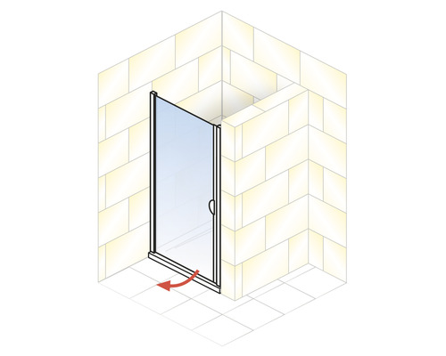 Eckdusche mit Drehtür und rotem Pfeil zur Darstellung des Öffnungsbereichs