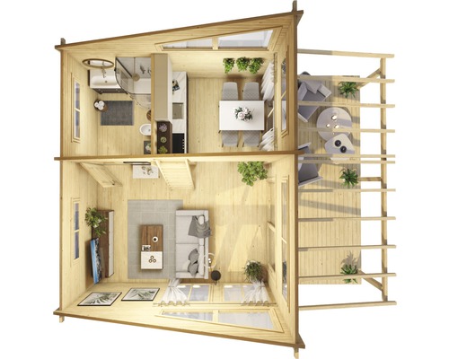 Grundriss eines zweistöckigen Gartenhauses mit Terrasse und verschiedenen Räumen wie Bad, Küche, Wohnzimmer und Esszimmer