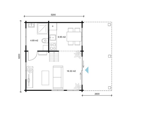 Grundriss eines Gartenhauses mit Terrasse