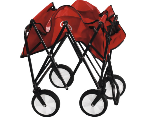 Zusammengeklappter Bollerwagen mit rotem Stoffbezug und schwarzem Metallgestell