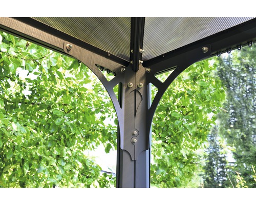 Detailansicht eines Pavillons mit Metallsäulen und transparentem Dach