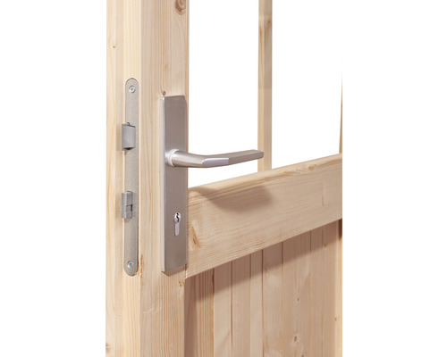 Holztür mit silberfarbenem Türgriff und Schloss