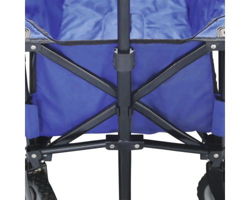 Detailansicht eines Bollerwagens mit blauem Stoff und schwarzem Gestell.
