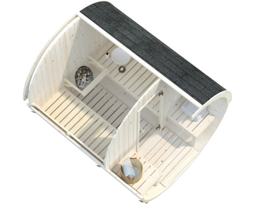 Innenansicht einer Holzfasssauna mit Bänken, Saunaofen und Dacheindeckung