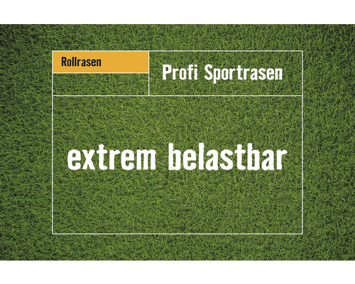 Rasenfläche mit dem Text: Rollrasen, Profi Sportrasen und extrem belastbar