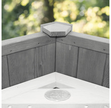 Detailansicht eines Gartenhauses aus Holz mit AXI by AXIOMA Logo