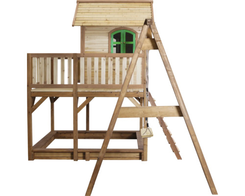 Spielhaus mit Schaukel und Sandkasten aus Holz
