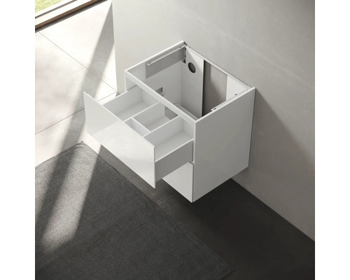 Weißer Waschtischunterschrank mit Schublade zur Wandmontage im Badezimmer.