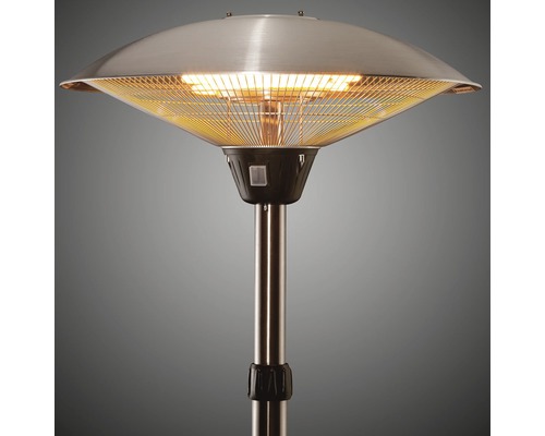 Stehender Terrassenheizer mit rundem Schirm und Heizstrahler