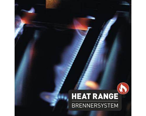 Nahaufnahme eines Grills mit eingeschaltetem Brennersystem und Heat Range Logo.