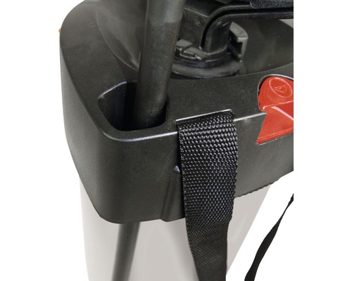 Detailansicht eines Gartensprühers mit Tragegurt.