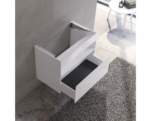 Weißer Waschtisch zur Wandmontage mit offener Schublade und Ablage
