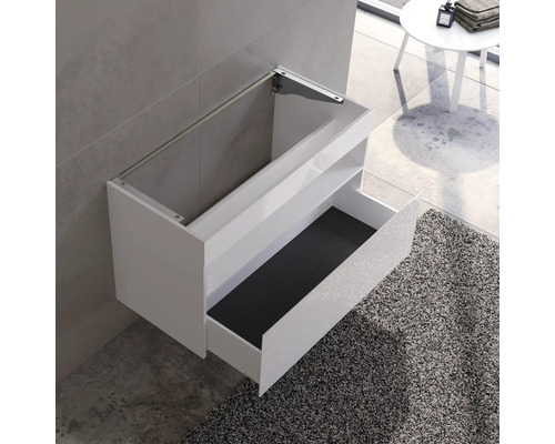 Waschtischunterschrank zur Wandmontage mit offener Schublade im Badezimmer