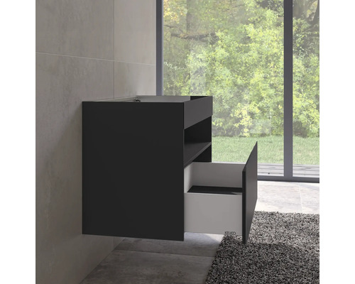 Schwarzer Waschtischunterschrank mit offenem Fach und Schublade im Badezimmer