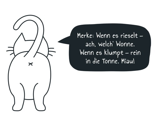 Illustration einer Katze von hinten mit Sprechblase zum Thema Katzenstreu