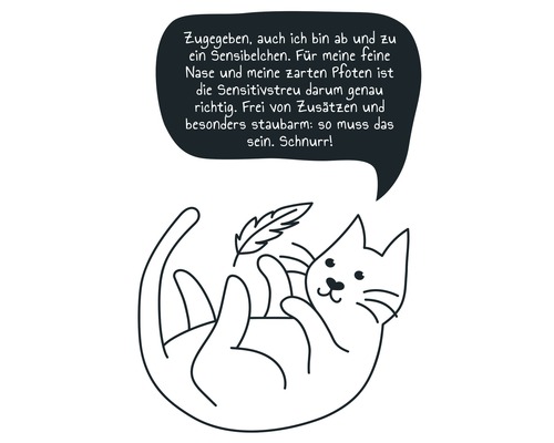 Illustration einer Katze mit Sprechblase über Streu für sensible Katzen