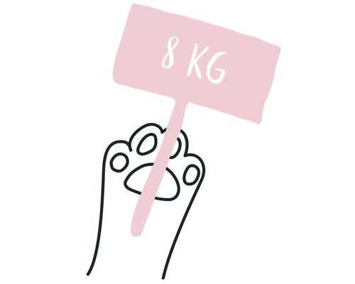 Symbol einer Katzenpfote, die ein Schild mit der Aufschrift 8 Kilogramm hält