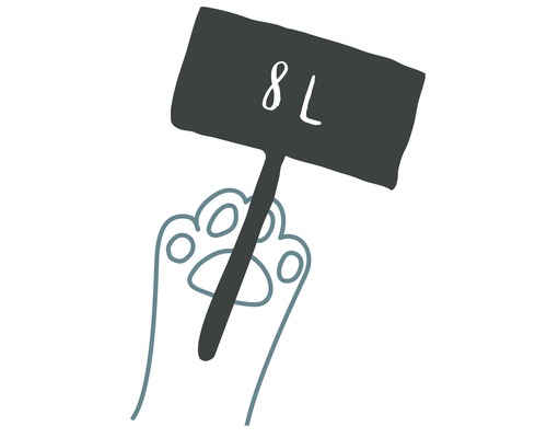 Symbol für acht Liter Fassungsvermögen mit Katzenpfote