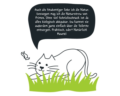 Illustration einer Katze mit Sprechblase, die Naturstreu von Primox bewirbt.